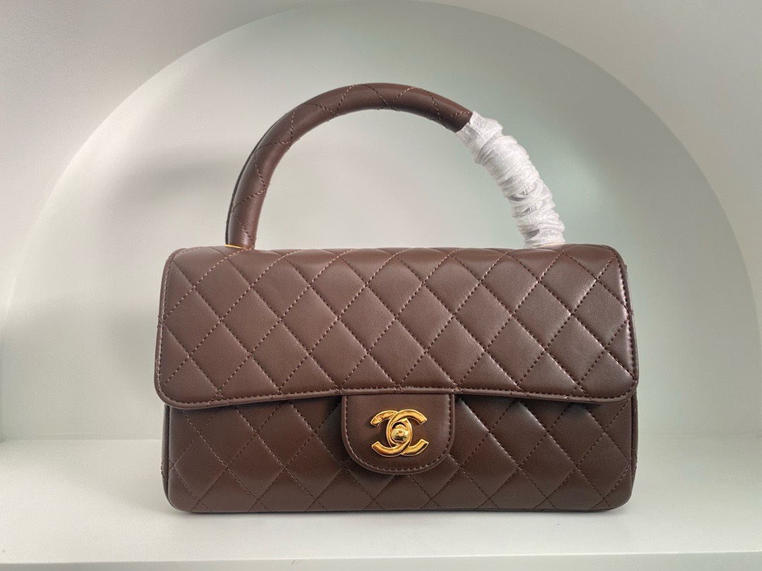 Bagsaaa Ch**el Vintage Brown Leather Top handle Flap Bag - 25cm