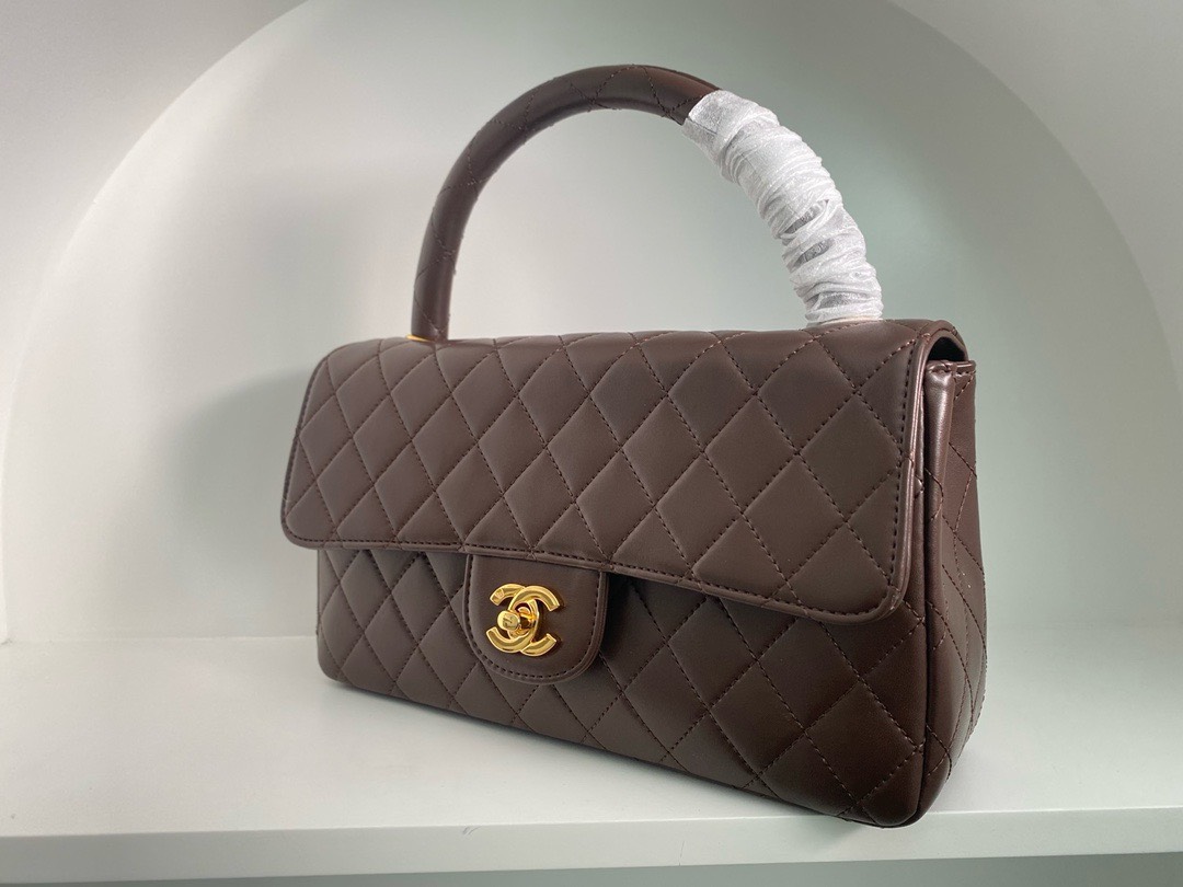Bagsaaa Ch**el Vintage Brown Leather Top handle Flap Bag - 25cm
