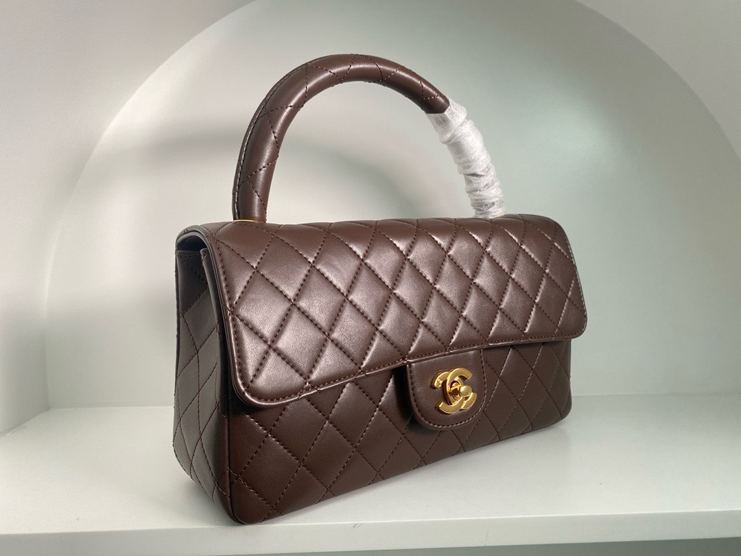 Bagsaaa Ch**el Vintage Brown Leather Top handle Flap Bag - 25cm