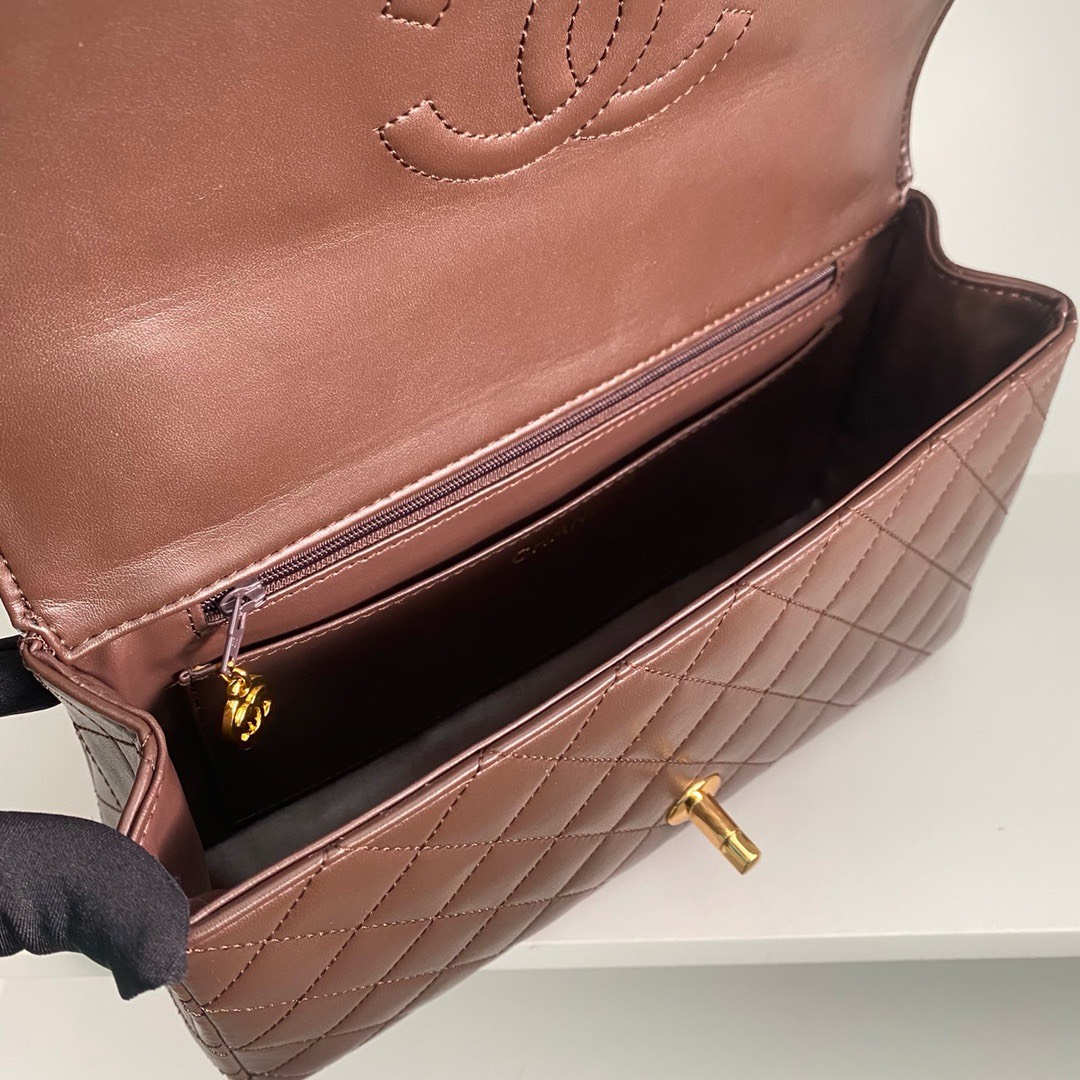 Bagsaaa Ch**el Vintage Brown Leather Top handle Flap Bag - 25cm