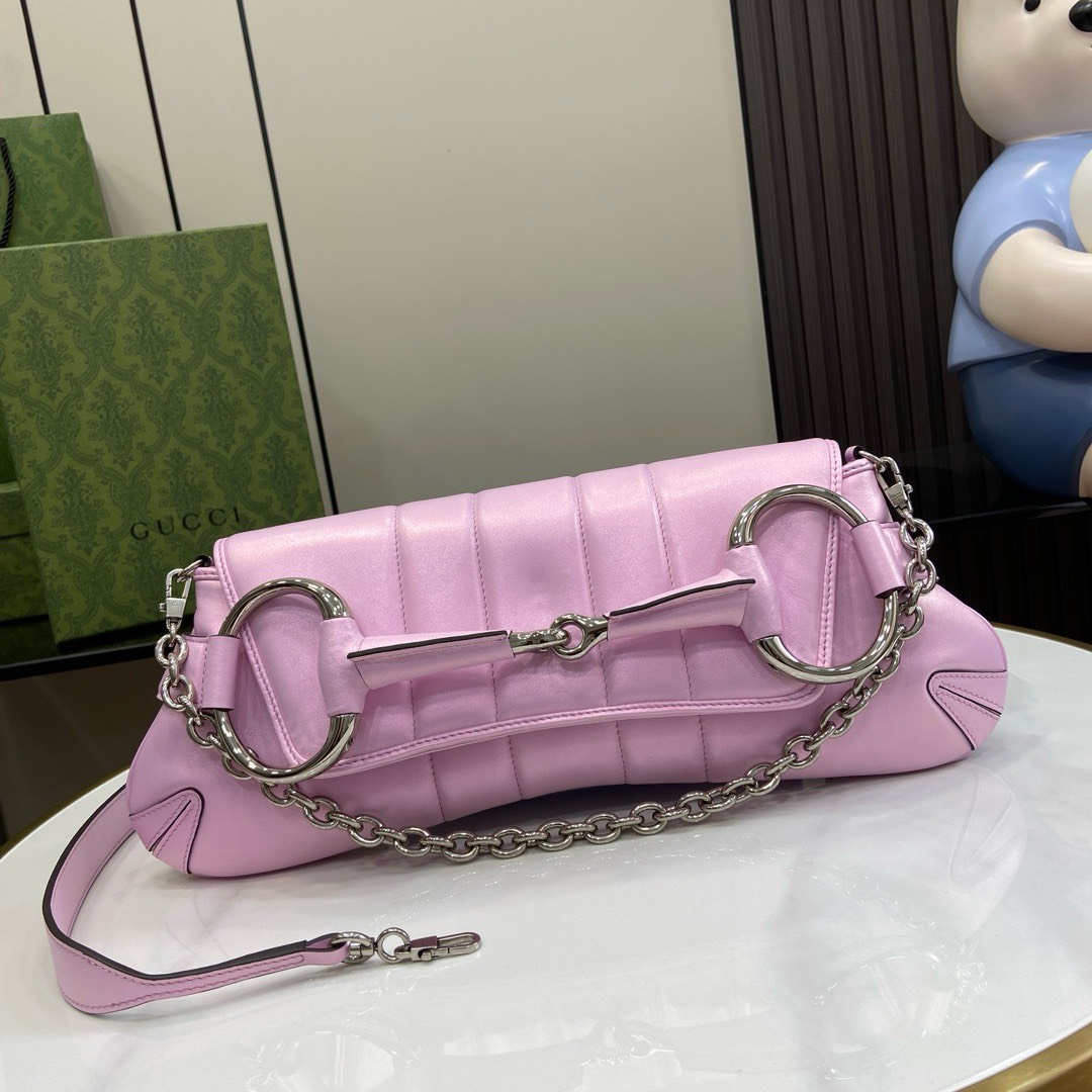 Bagsaaa Gvc*1 Horsebit Chain Medium Shoulder Bag Pink iridescent quilted leather - 38 x 15 x 16 cm