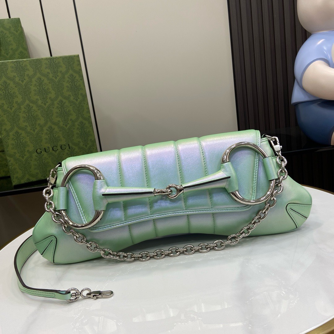 Bagsaaa Gvc*1 Horsebit Chain Medium Shoulder Bag Pink iridescent quilted leather - 38 x 15 x 16 cm