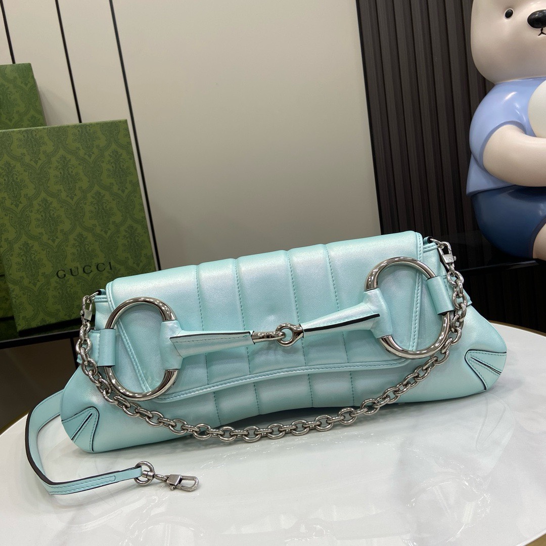 Bagsaaa Gvc*1 Horsebit Chain Medium Shoulder Bag Pink iridescent quilted leather - 38 x 15 x 16 cm