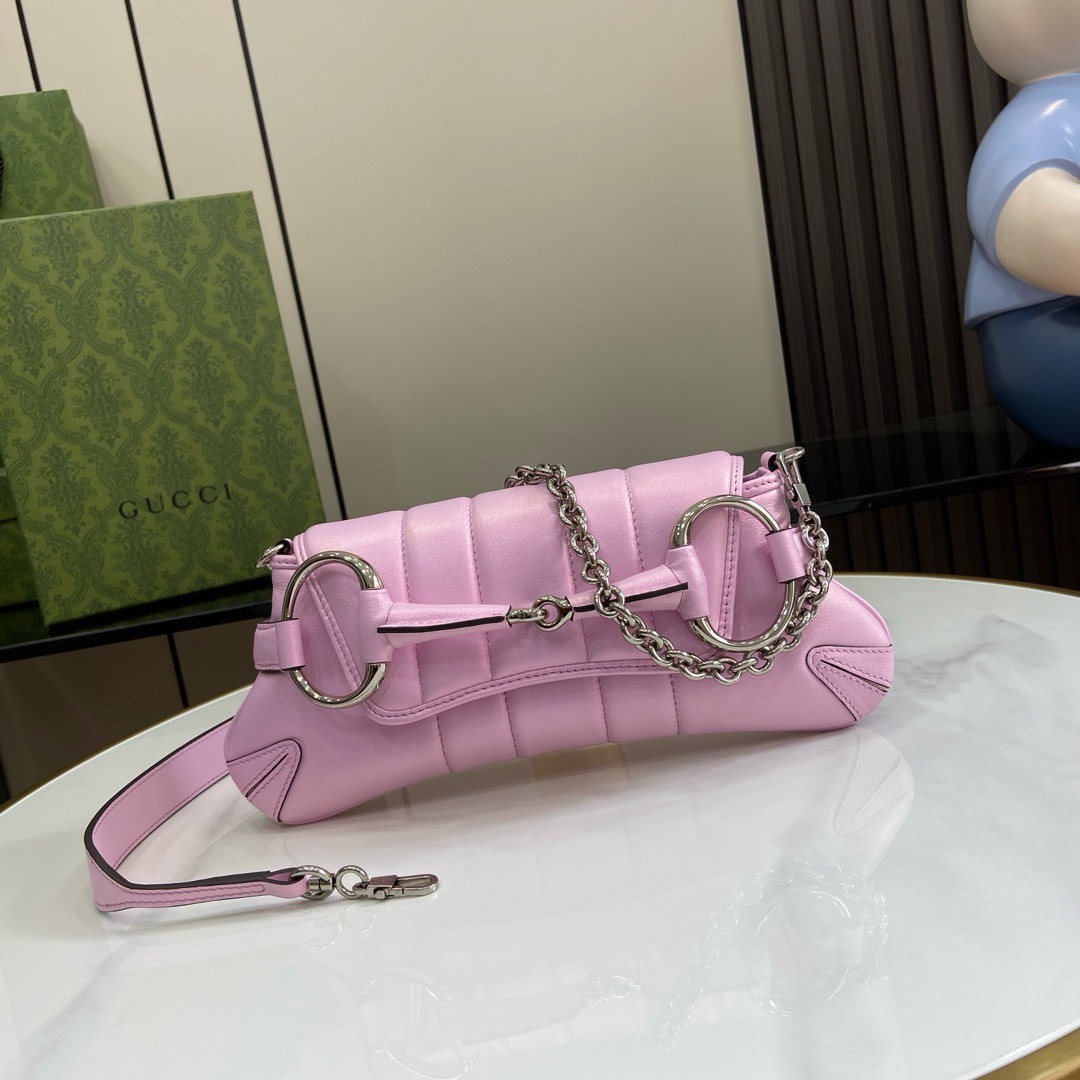 Bagsaaa Gvc*1 Horsebit Chain Small Shoulder Bag Pink iridescent quilted leather - W27cm x H11.5cm x D5cm