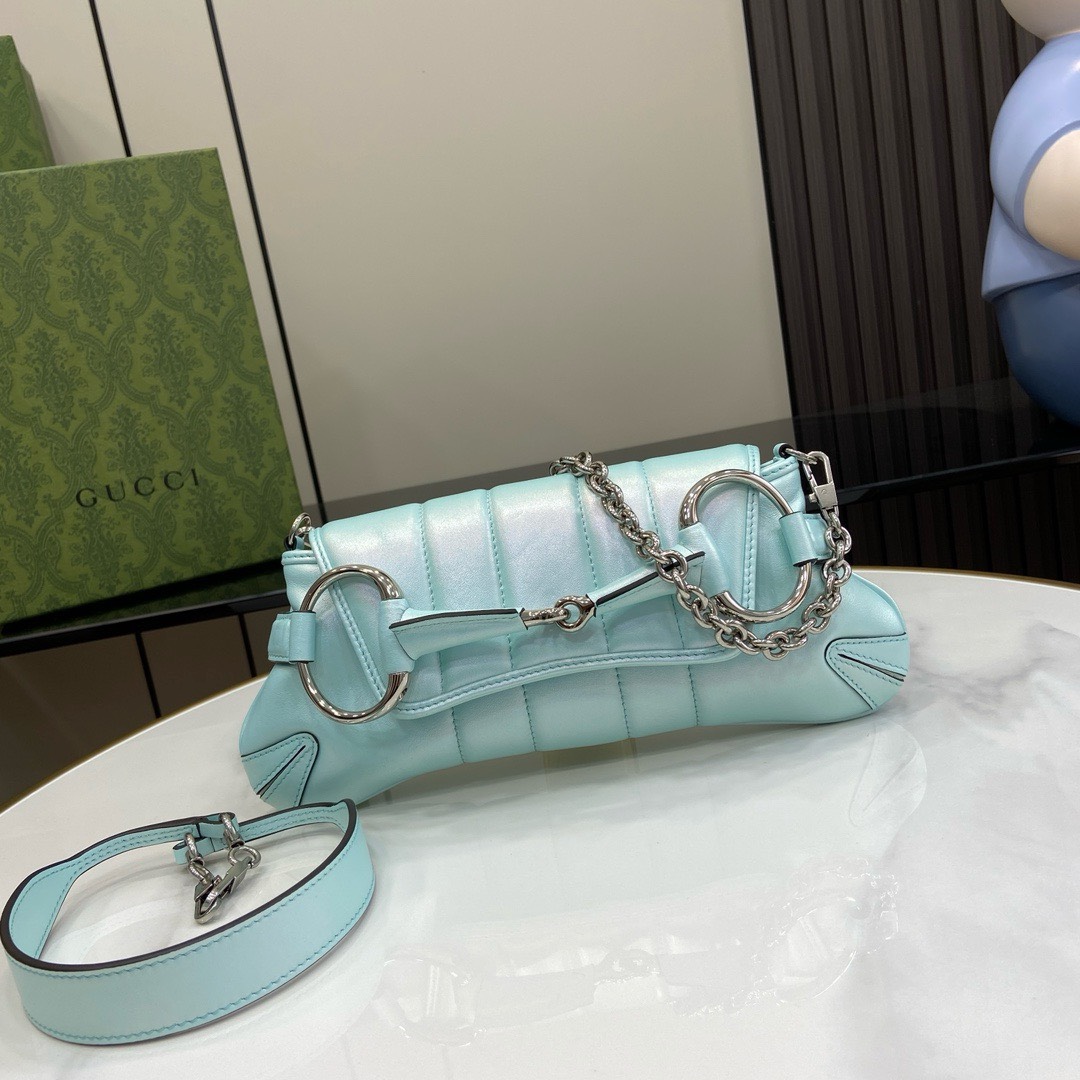 Bagsaaa Gvc*1 Horsebit Chain Small Shoulder Bag Pink iridescent quilted leather - W27cm x H11.5cm x D5cm