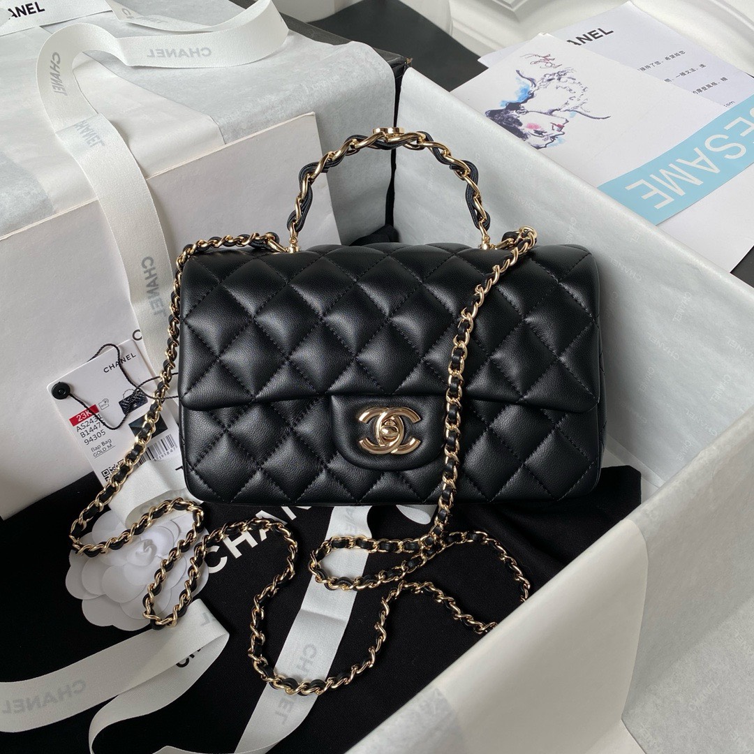 Bagsaaa Ch**el Mini Rectangular Flap with Top Handle Black Lambskin Light Gold Hardware - 20cm