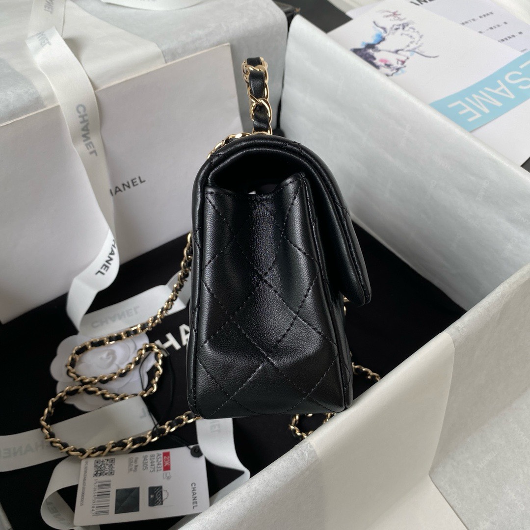 Bagsaaa Ch**el Mini Rectangular Flap with Top Handle Black Lambskin Light Gold Hardware - 20cm