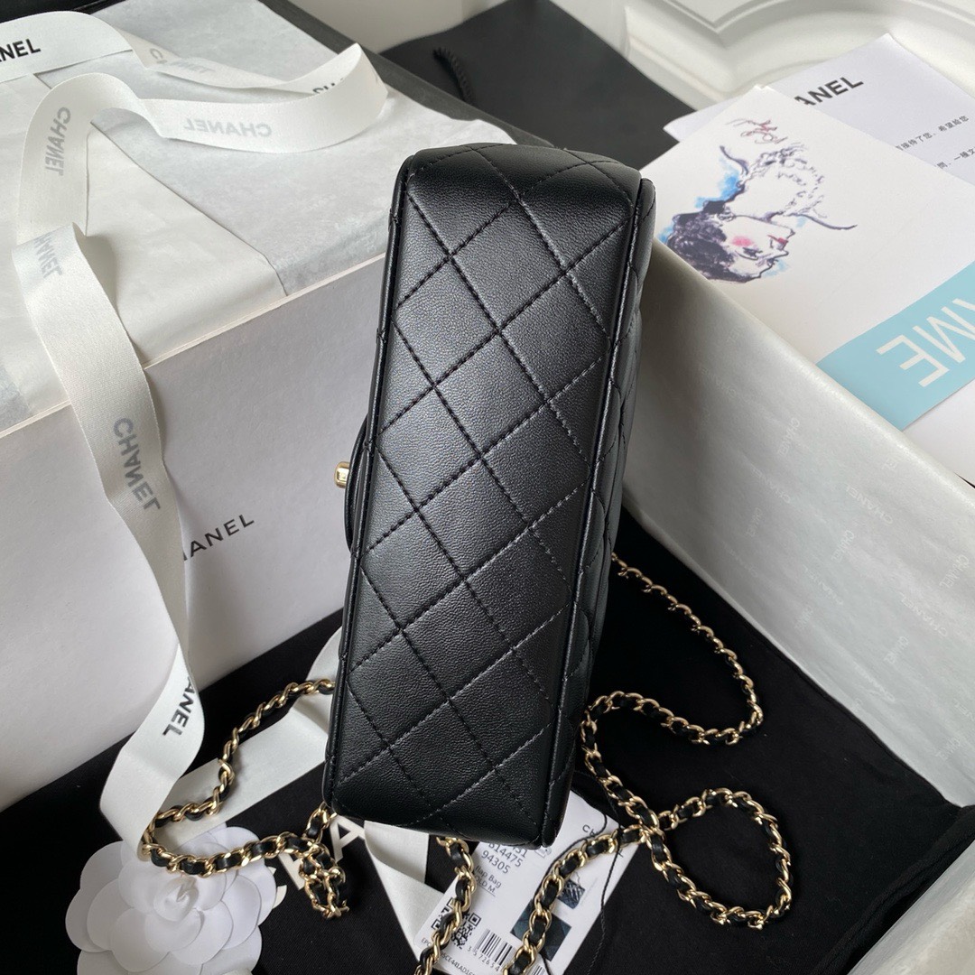 Bagsaaa Ch**el Mini Rectangular Flap with Top Handle Black Lambskin Light Gold Hardware - 20cm