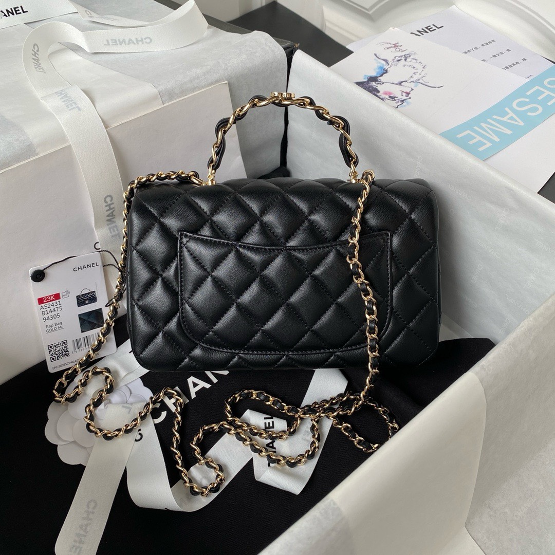 Bagsaaa Ch**el Mini Rectangular Flap with Top Handle Black Lambskin Light Gold Hardware - 20cm