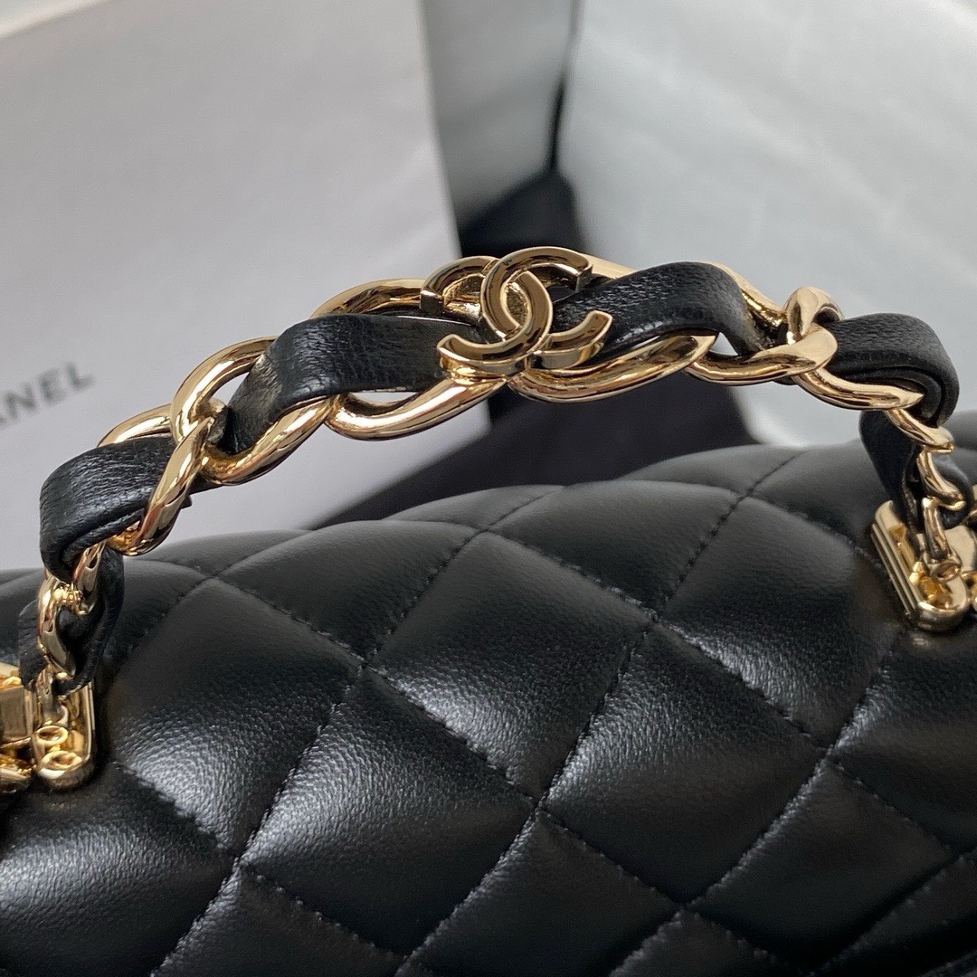 Bagsaaa Ch**el Mini Rectangular Flap with Top Handle Black Lambskin Light Gold Hardware - 20cm