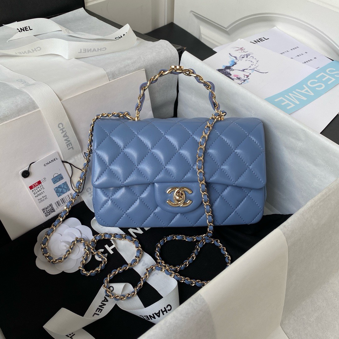 Bagsaaa Ch**el Mini Rectangular Flap with Top Handle Blue Lambskin Light Gold Hardware - 20cm