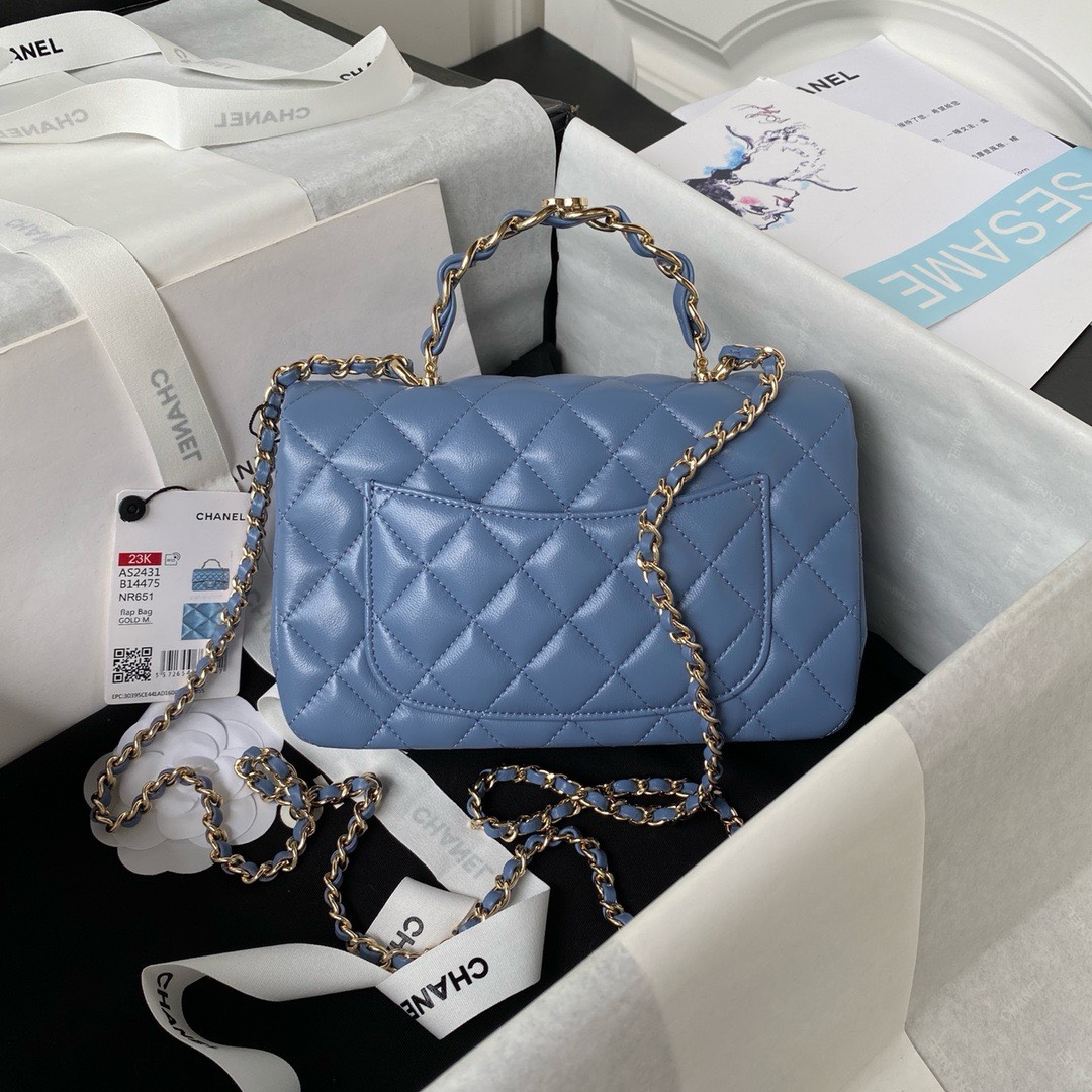 Bagsaaa Ch**el Mini Rectangular Flap with Top Handle Blue Lambskin Light Gold Hardware - 20cm
