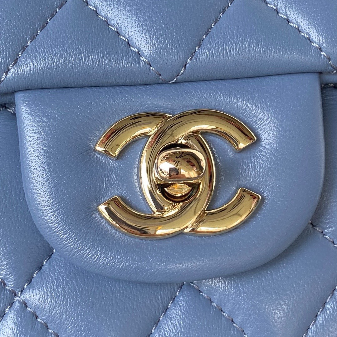Bagsaaa Ch**el Mini Rectangular Flap with Top Handle Blue Lambskin Light Gold Hardware - 20cm