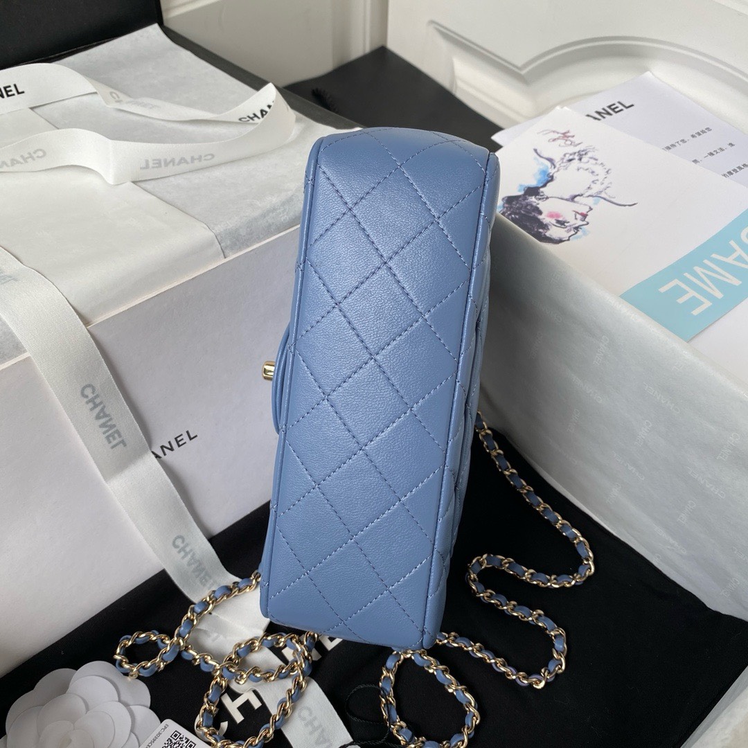 Bagsaaa Ch**el Mini Rectangular Flap with Top Handle Blue Lambskin Light Gold Hardware - 20cm