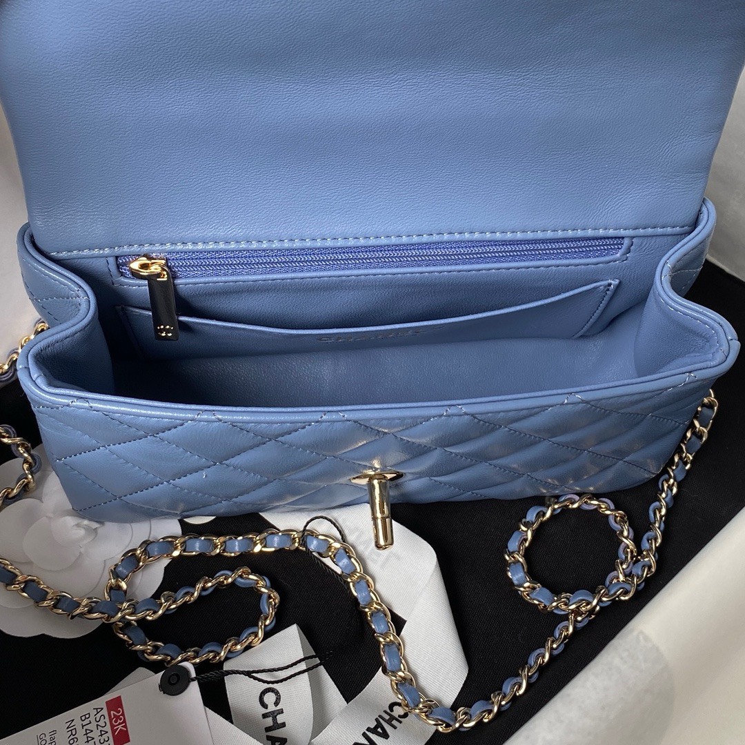 Bagsaaa Ch**el Mini Rectangular Flap with Top Handle Blue Lambskin Light Gold Hardware - 20cm