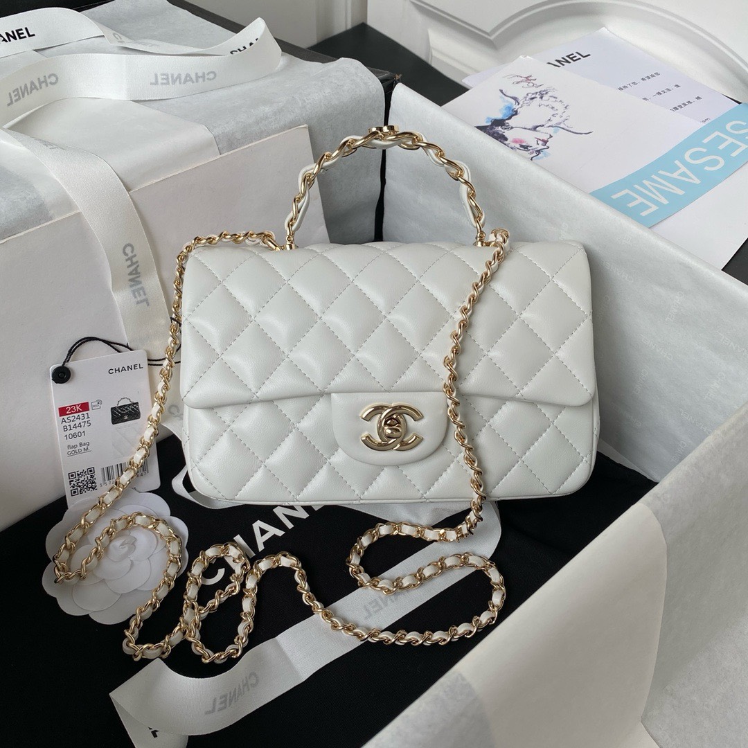Bagsaaa Ch**el Mini Rectangular Flap with Top Handle White Lambskin Light Gold Hardware - 20cm