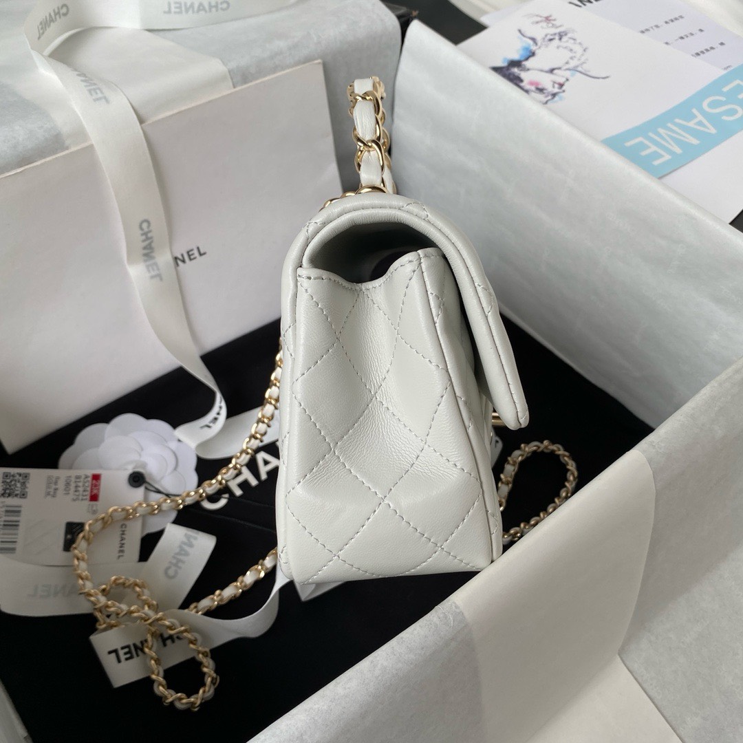 Bagsaaa Ch**el Mini Rectangular Flap with Top Handle White Lambskin Light Gold Hardware - 20cm