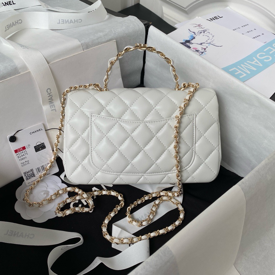Bagsaaa Ch**el Mini Rectangular Flap with Top Handle White Lambskin Light Gold Hardware - 20cm