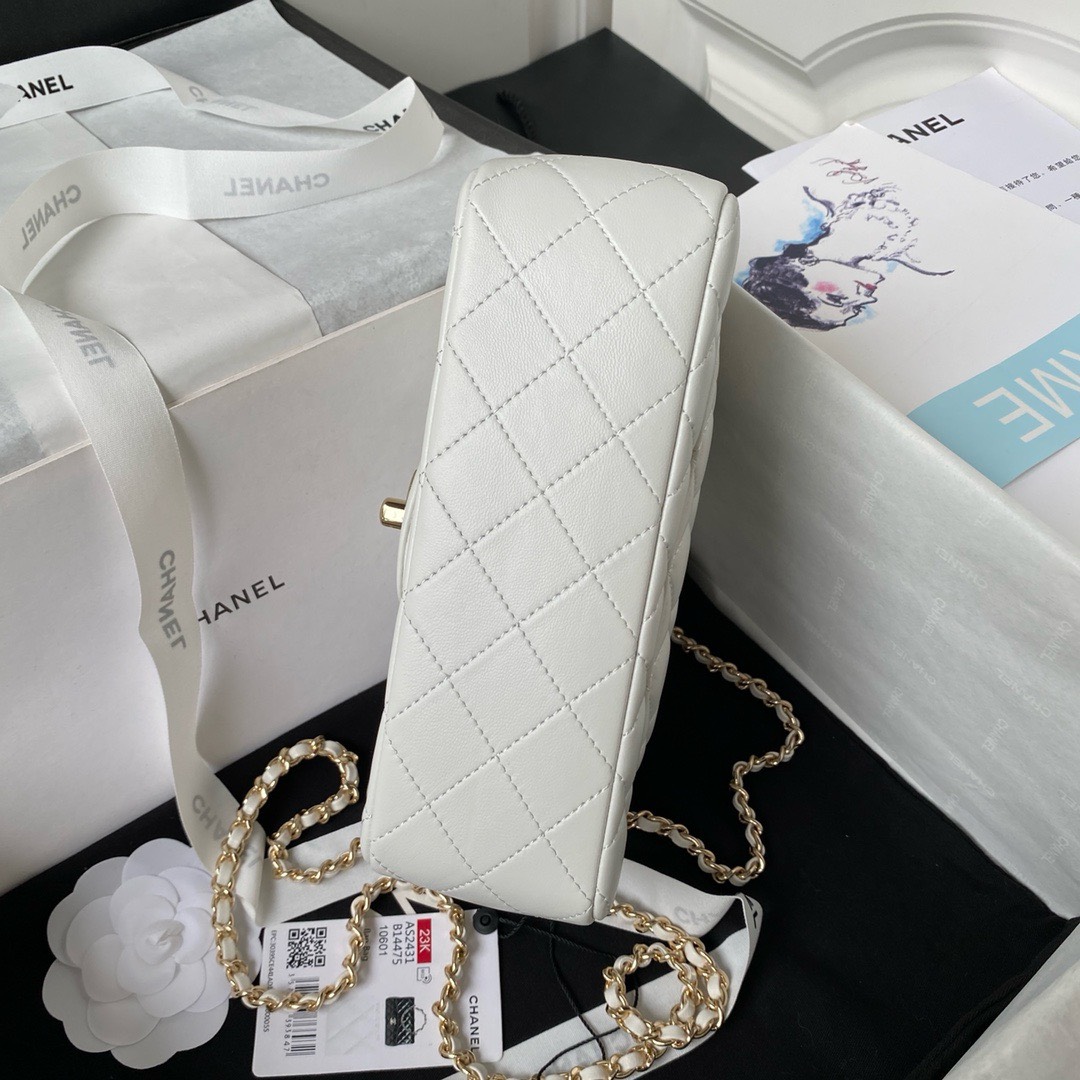 Bagsaaa Ch**el Mini Rectangular Flap with Top Handle White Lambskin Light Gold Hardware - 20cm