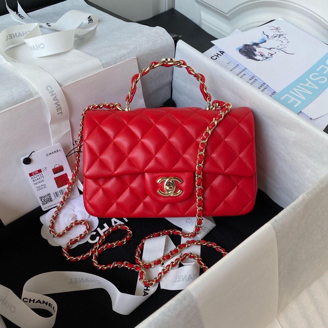 Bagsaaa Ch**el Mini Rectangular Flap with Top Handle Red Lambskin Light Gold Hardware - 20cm