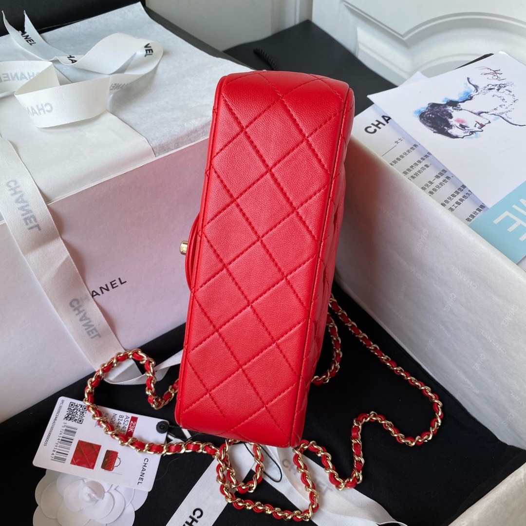 Bagsaaa Ch**el Mini Rectangular Flap with Top Handle Red Lambskin Light Gold Hardware - 20cm