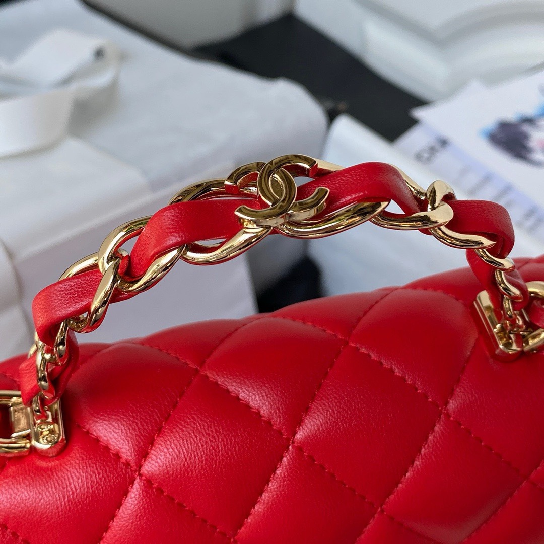 Bagsaaa Ch**el Mini Rectangular Flap with Top Handle Red Lambskin Light Gold Hardware - 20cm
