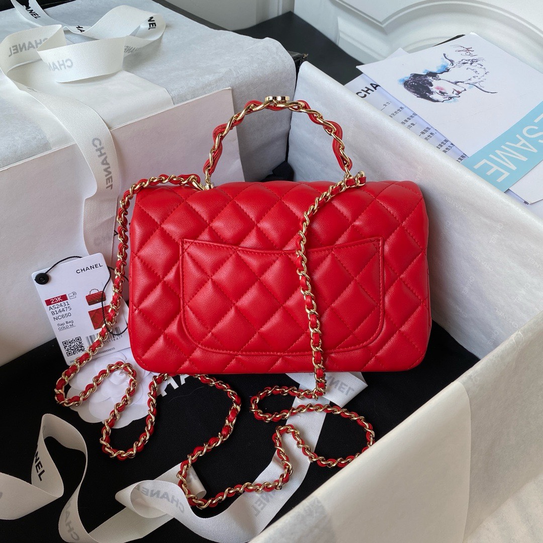 Bagsaaa Ch**el Mini Rectangular Flap with Top Handle Red Lambskin Light Gold Hardware - 20cm