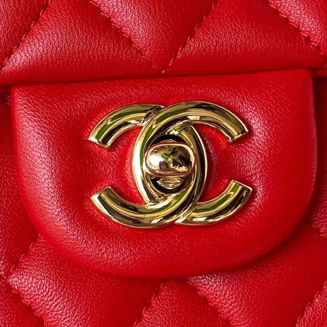 Bagsaaa Ch**el Mini Rectangular Flap with Top Handle Red Lambskin Light Gold Hardware - 20cm
