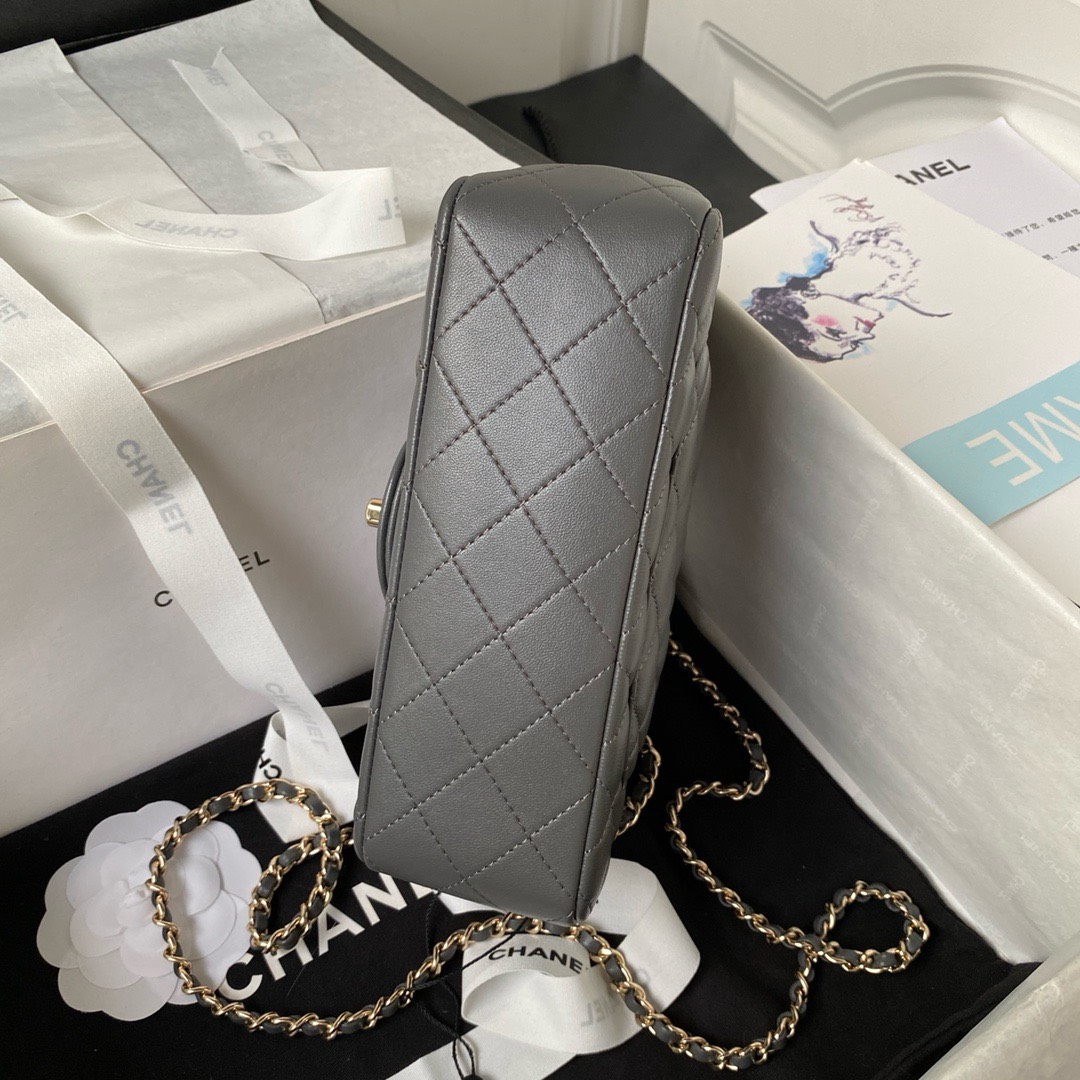 Bagsaaa Ch**el Mini Rectangular Flap with Top Handle Grey Lambskin Light Gold Hardware - 20cm