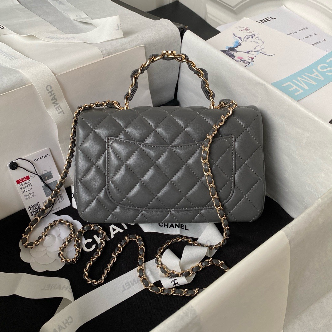 Bagsaaa Ch**el Mini Rectangular Flap with Top Handle Grey Lambskin Light Gold Hardware - 20cm