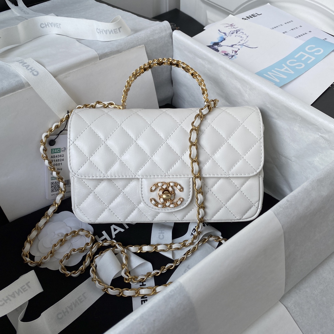 Bagsaaa Ch**el Top Handle 24C Flap Bag in White Lambskin - 21cm
