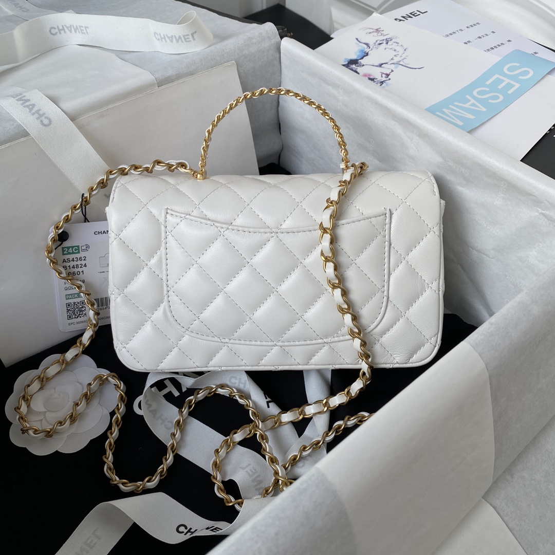 Bagsaaa Ch**el Top Handle 24C Flap Bag in White Lambskin - 21cm