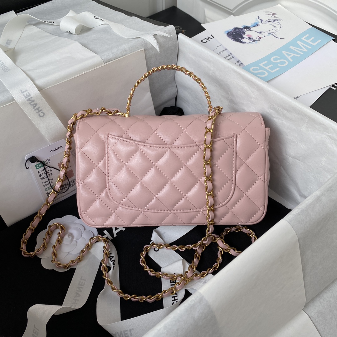 Bagsaaa Ch**el Top Handle 24C Flap Bag in Pink Lambskin - 21cm