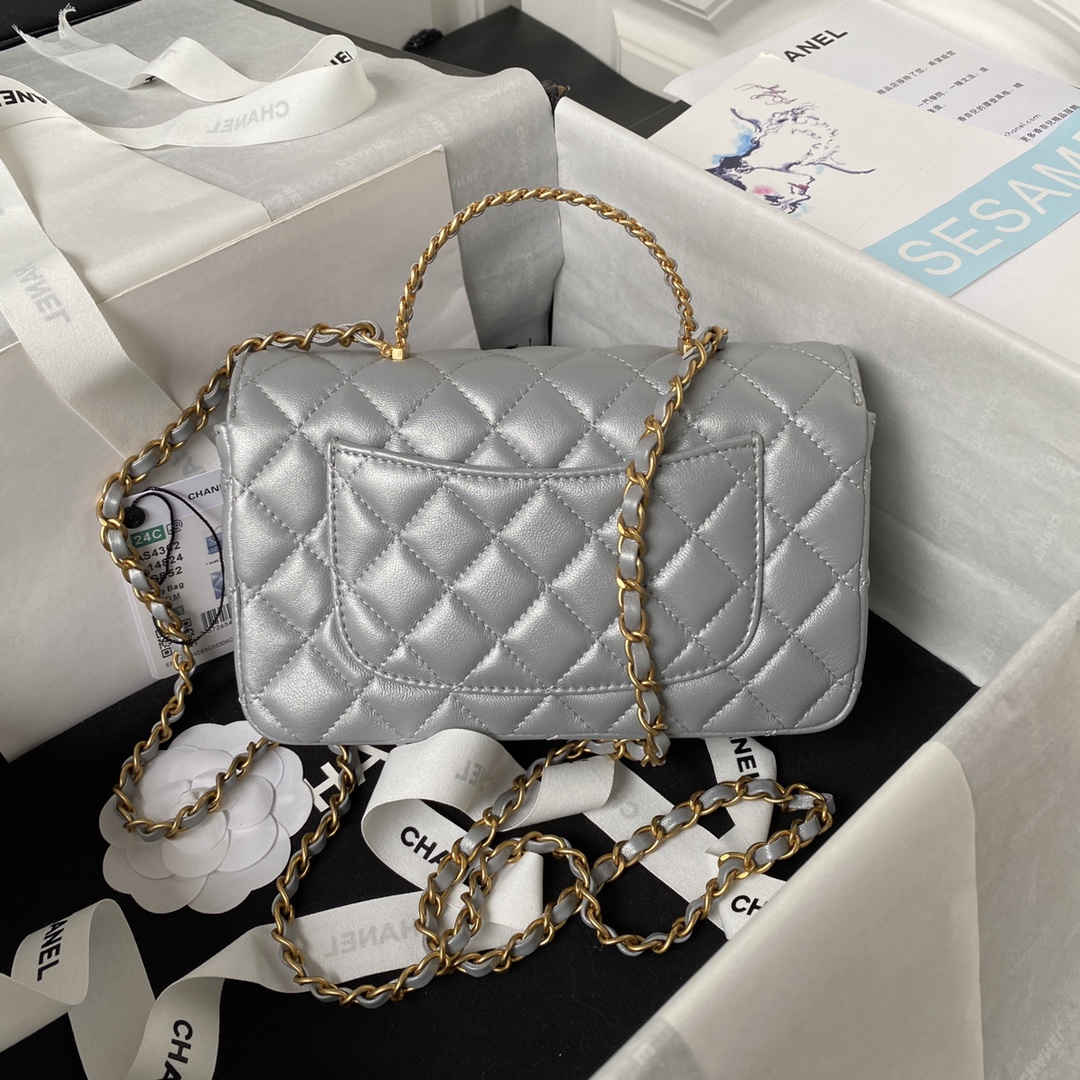 Bagsaaa Ch**el Top Handle 24C Flap Bag in Grey Lambskin - 21cm