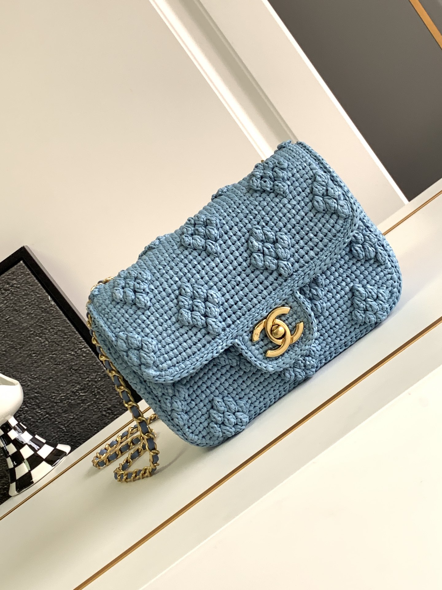 Bagsaaa Ch**el Mini Flap Bag Raffia Effect Blue AS4518 - 12.5 × 19.5 × 6.5 cm