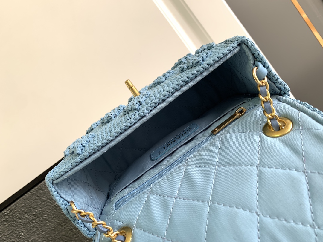Bagsaaa Ch**el Mini Flap Bag Raffia Effect Blue AS4518 - 12.5 × 19.5 × 6.5 cm