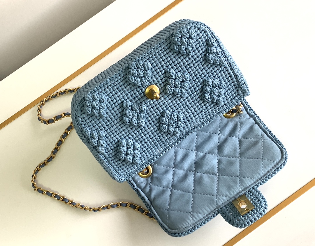 Bagsaaa Ch**el Mini Flap Bag Raffia Effect Blue AS4518 - 12.5 × 19.5 × 6.5 cm
