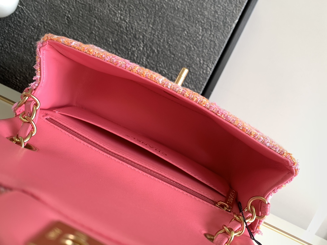 Bagsaaa Ch**el Mini Flap Bag Tweed Orange & Pink A69900 - 12 × 20 × 6 cm