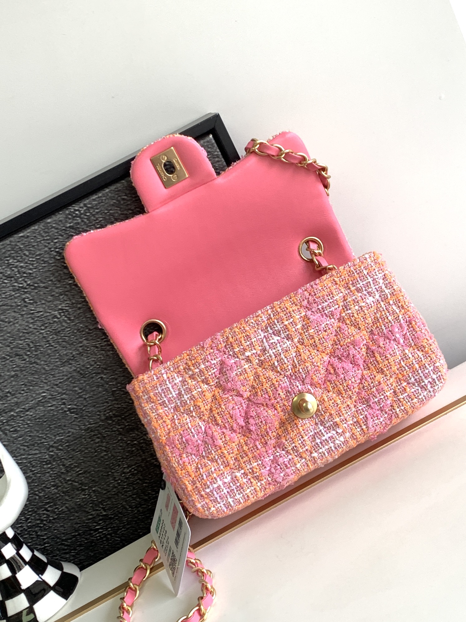 Bagsaaa Ch**el Mini Flap Bag Tweed Orange & Pink A69900 - 12 × 20 × 6 cm