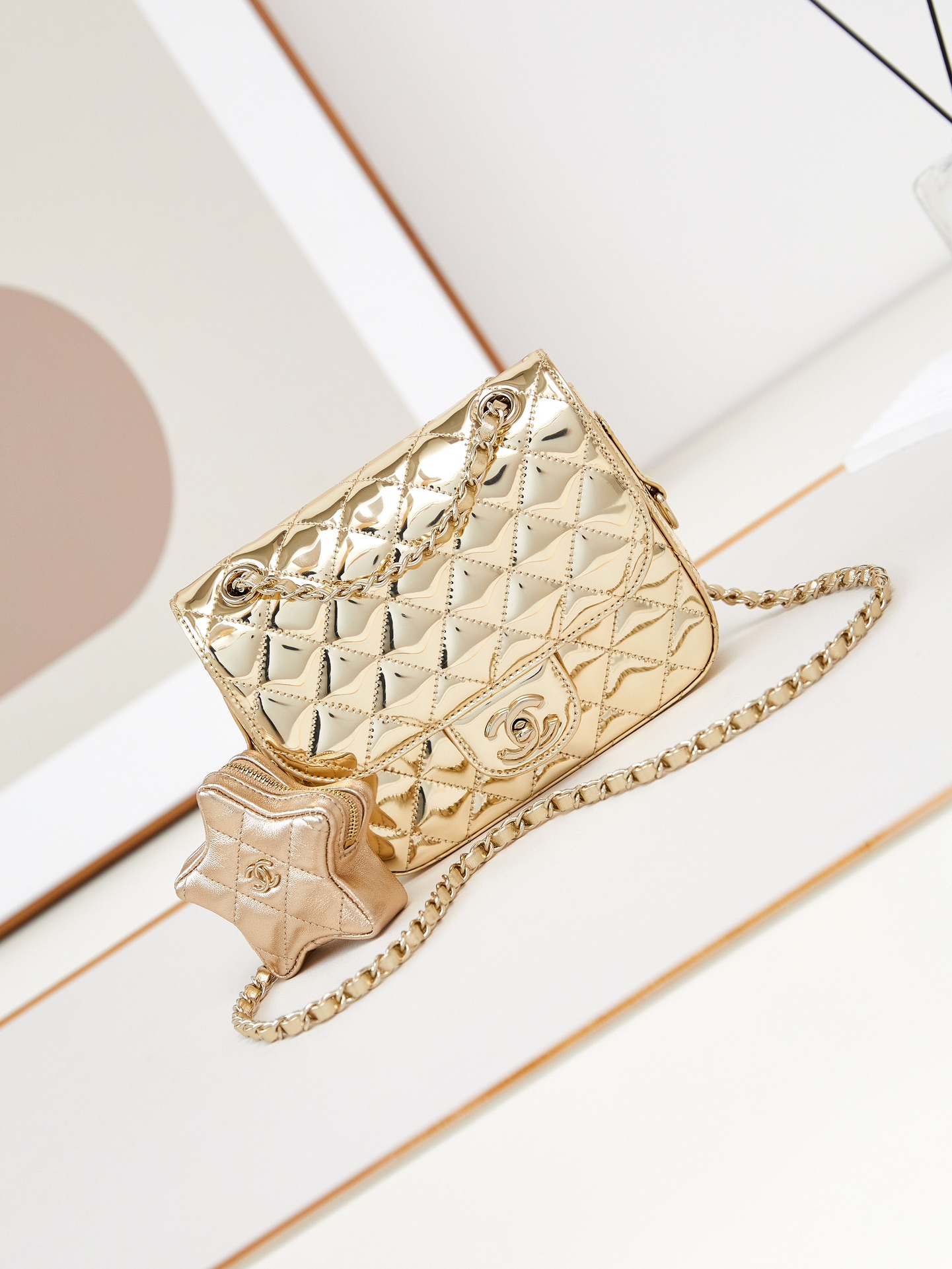 Bagsaaa Ch**el Mini Flap Bag & Star Coin Purse AS4647 Light Gold - 15 × 20 × 6.5 cm