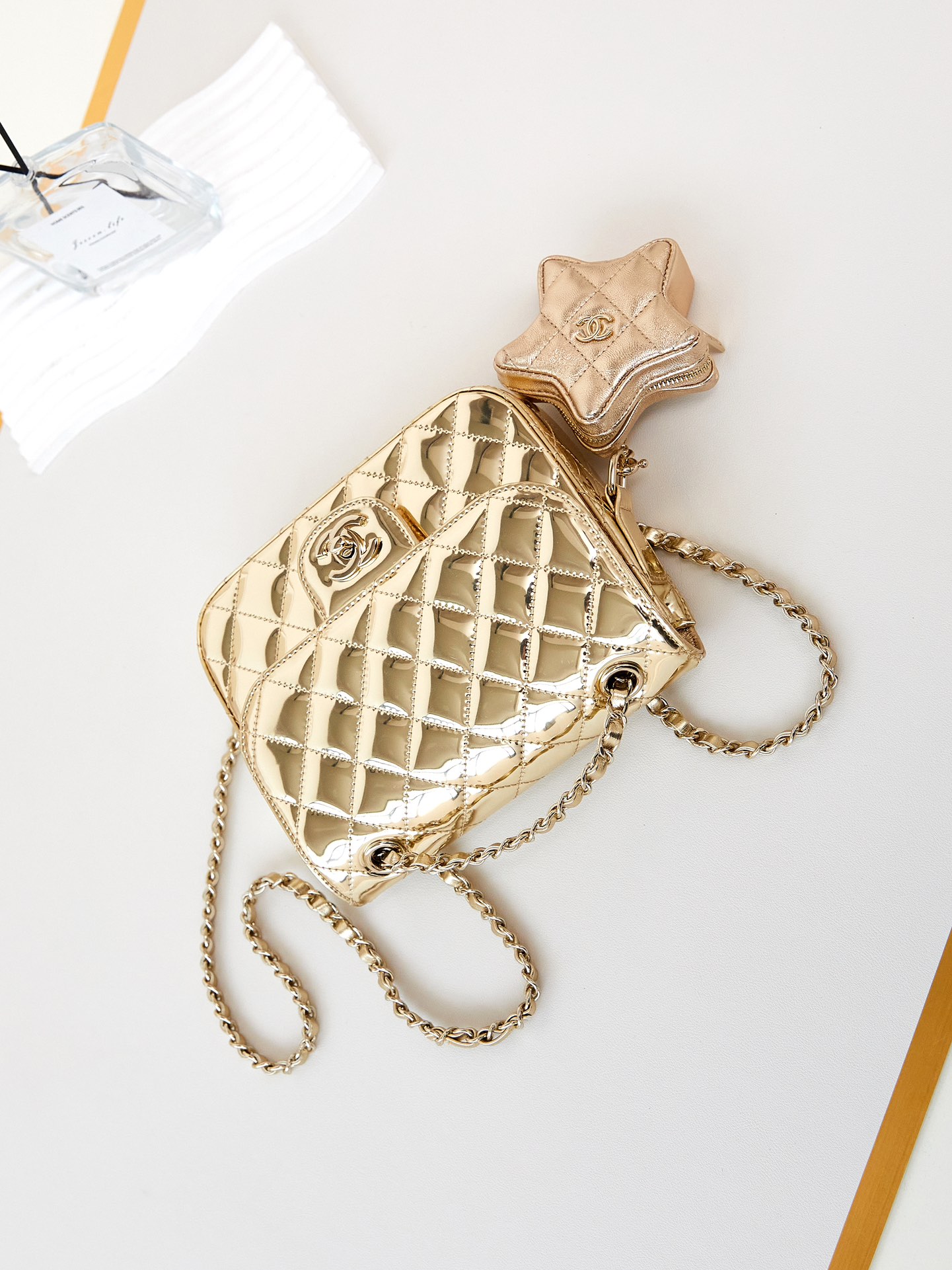 Bagsaaa Ch**el Mini Flap Bag & Star Coin Purse AS4647 Light Gold - 15 × 20 × 6.5 cm