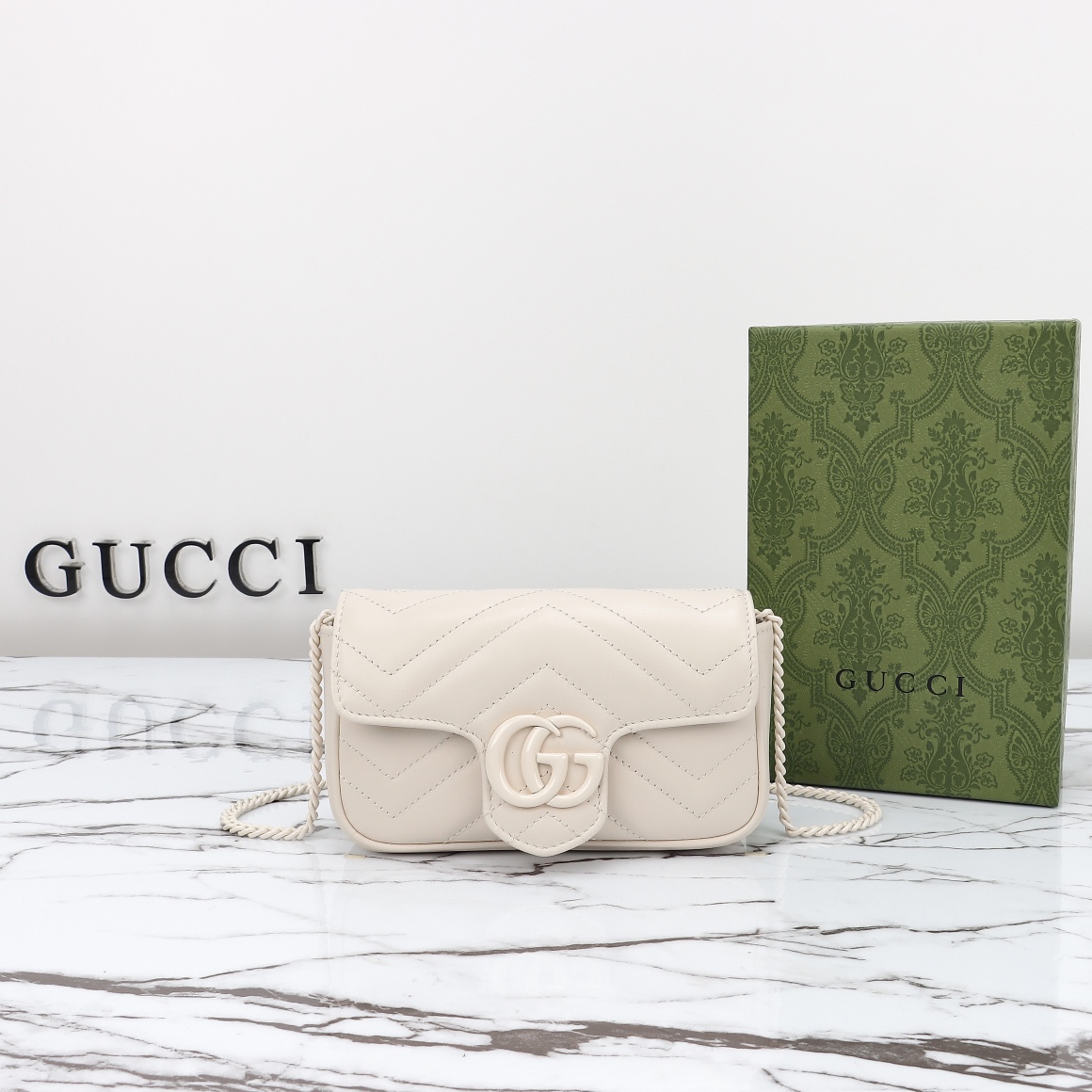 Bagsaaa Gvc*1 GG Marmont S*per Mini Bag 476433 Full White - 16.5x10x4.5cm