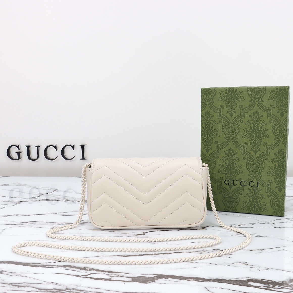 Bagsaaa Gvc*1 GG Marmont S*per Mini Bag 476433 Full White - 16.5x10x4.5cm