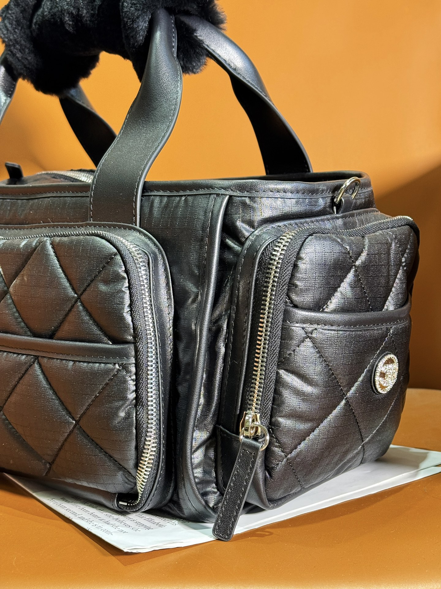Bagsaaa Ch**el Large Bowling Bag Nylon & Silver-Tone Metal Black AS4364 - 16 × 35 × 20 cm