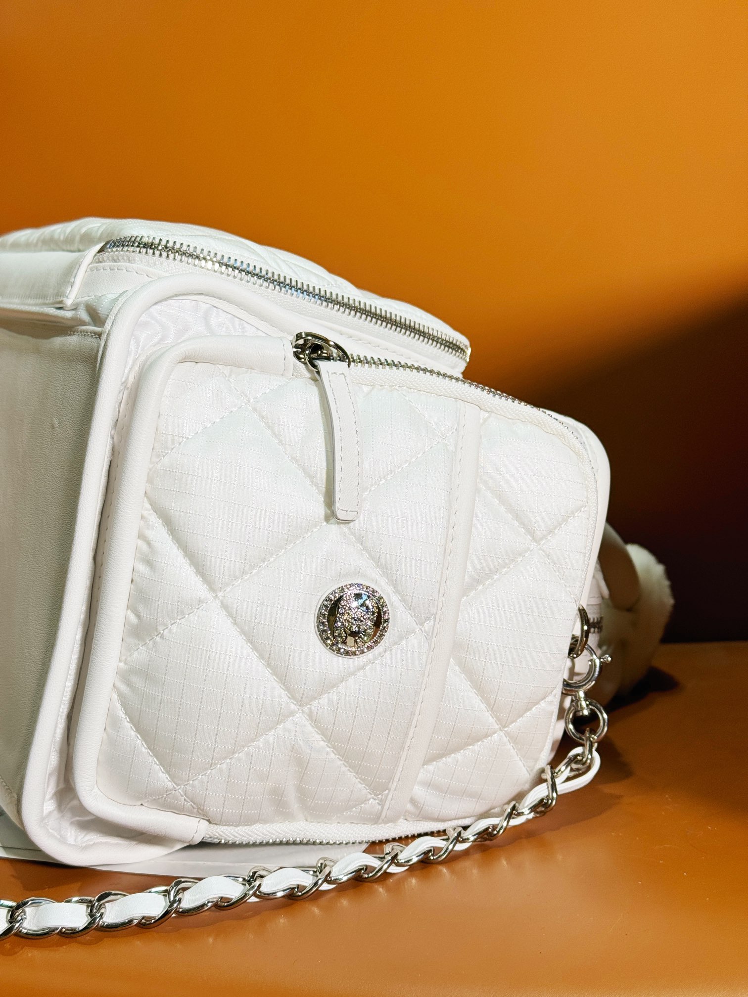 Bagsaaa Ch**el Large Bowling Bag Nylon & Silver-Tone Metal White AS4364 - 16 × 35 × 20 cm