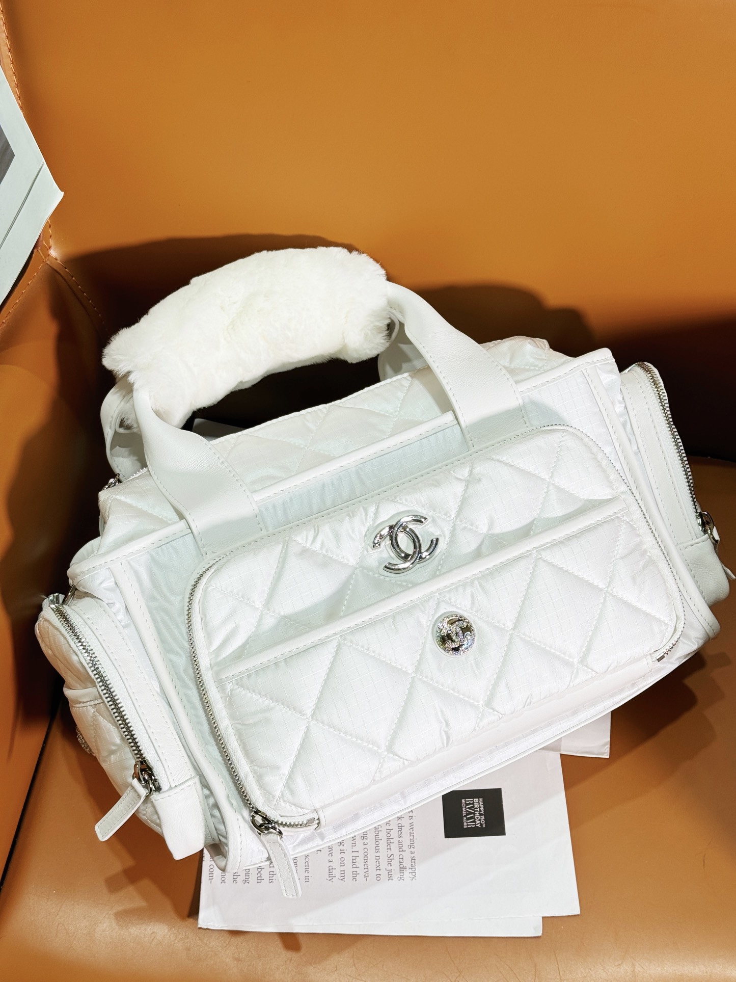 Bagsaaa Ch**el Large Bowling Bag Nylon & Silver-Tone Metal White AS4364 - 16 × 35 × 20 cm