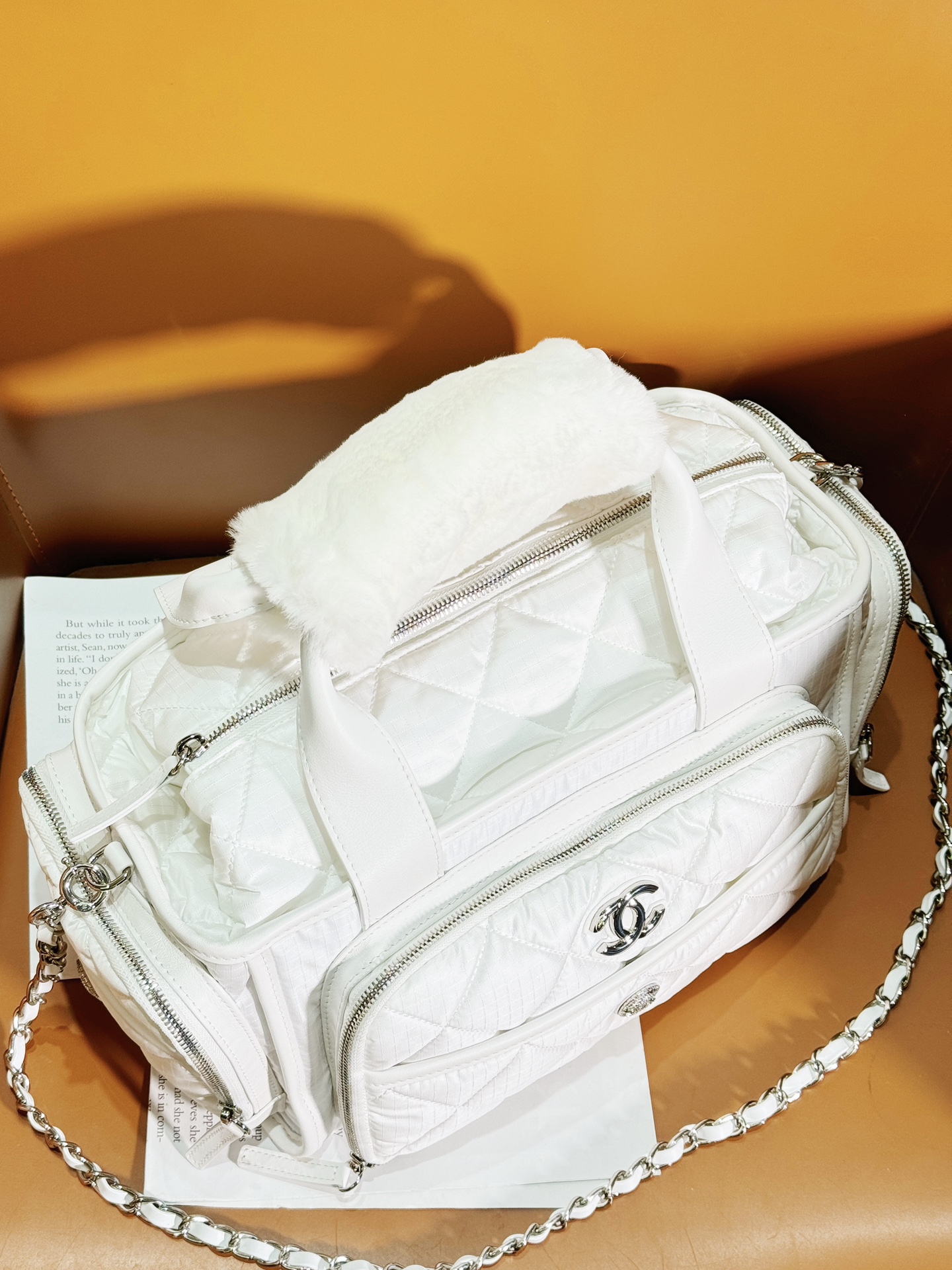 Bagsaaa Ch**el Large Bowling Bag Nylon & Silver-Tone Metal White AS4364 - 16 × 35 × 20 cm