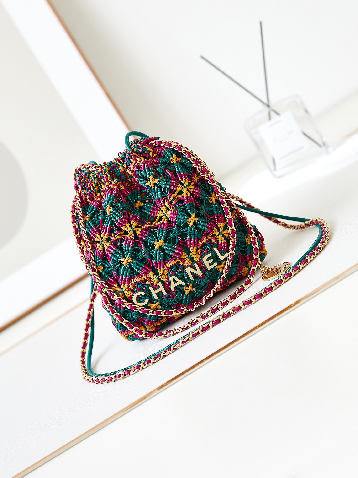 Bagsaaa Ch**el 22 Mini Handbag AS3980 Green/Fuchsia/Yellow - 20×19×6 Cm