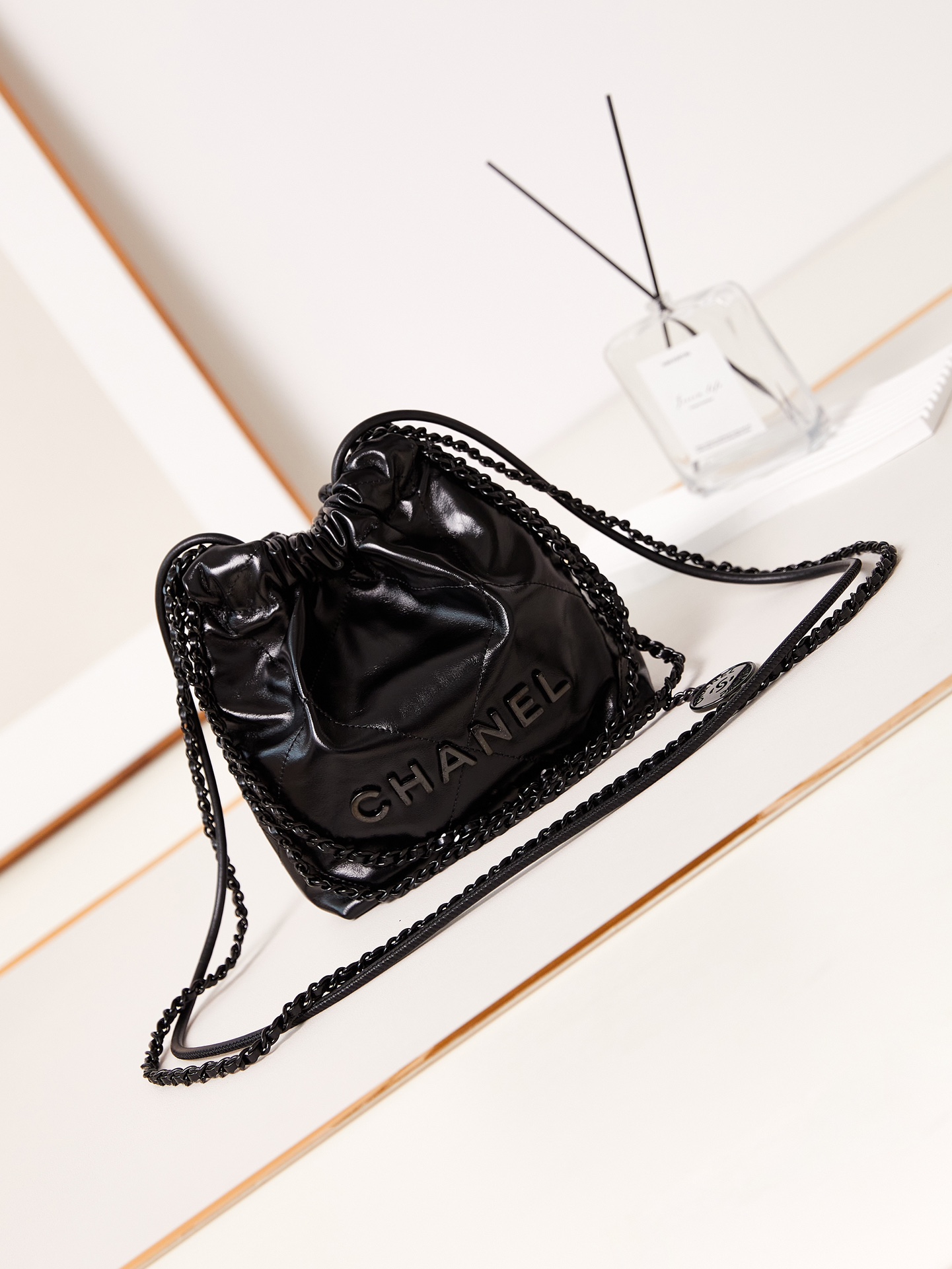 Bagsaaa Ch**el 22 Mini Handbag Full Black Letter AS3980 - 20 × 19 × 6 cm