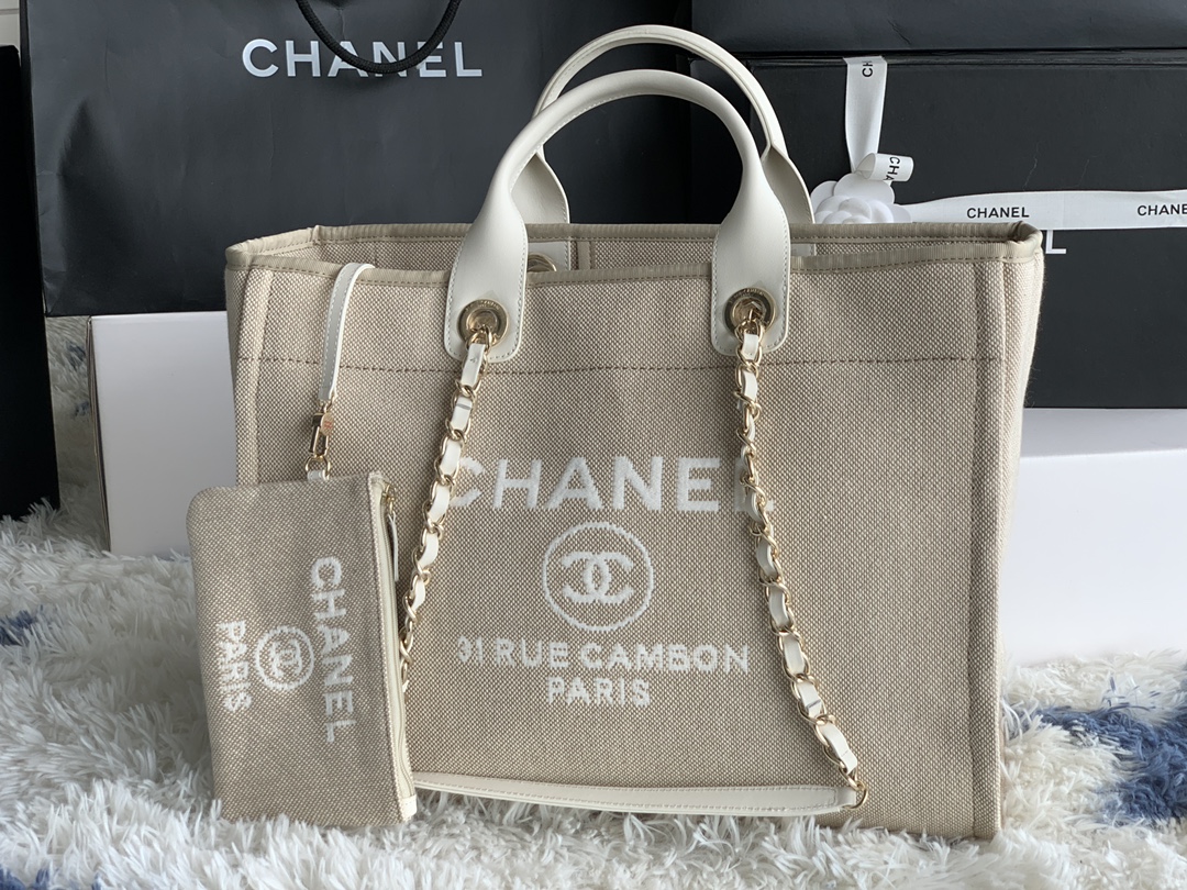 Bagsaaa Ch**el Deauville Shopping Bag Beige & White Size 38x32x18cm